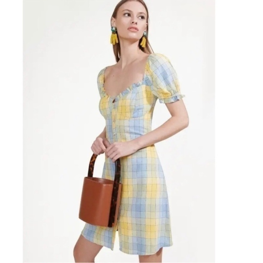 New ▶️ STAUD ◀️ Multicolor Sur Check Plaid Mini Dress, Linen blend. Size 8